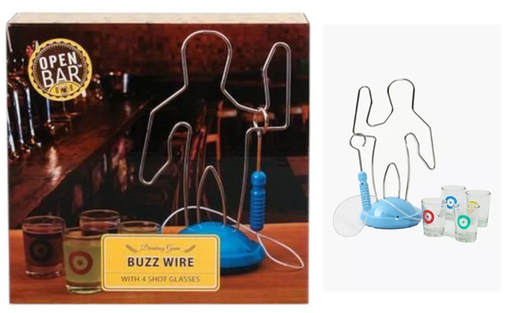 Open Bar Drinking Game Buzz Wire & 4 Shot Glasses